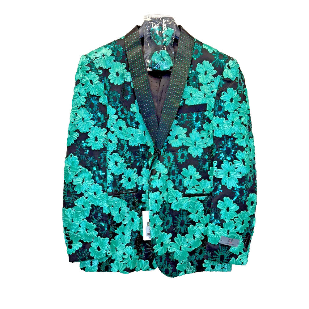 Kent Park Tuxedo Jacket Black & Green Ribbon Flora Floral Sequin Italy 40R J93